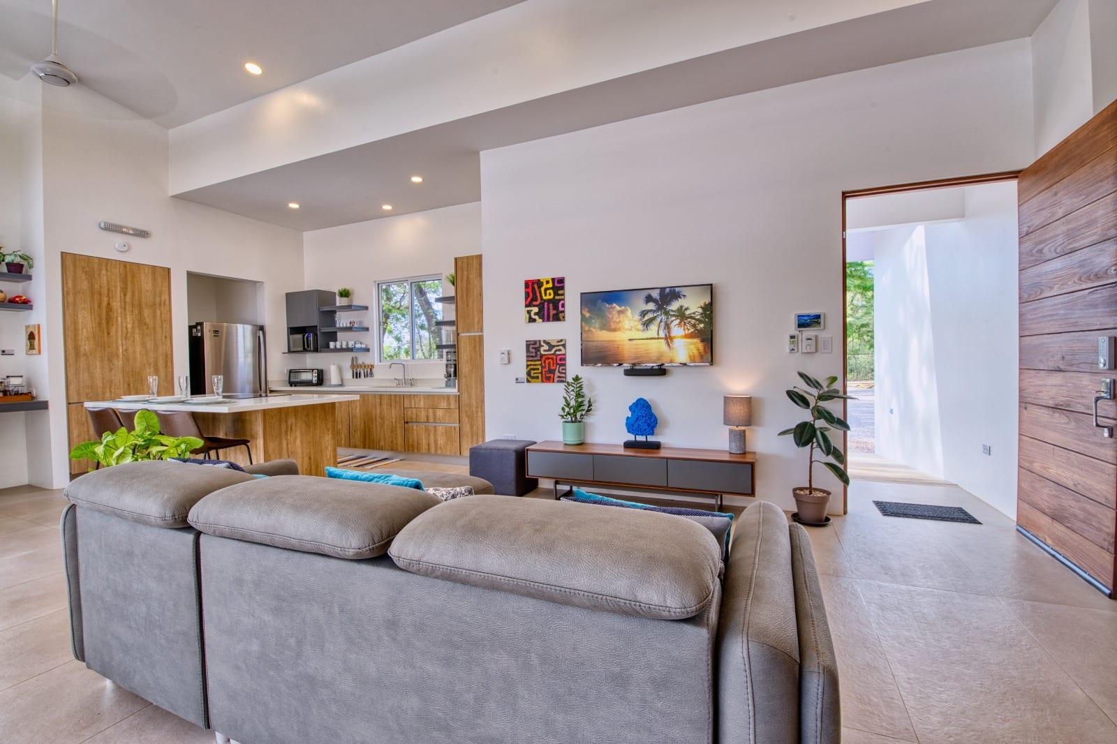 The living room looking toward the kitchen and the solid wood front door, with artworks either side of the television